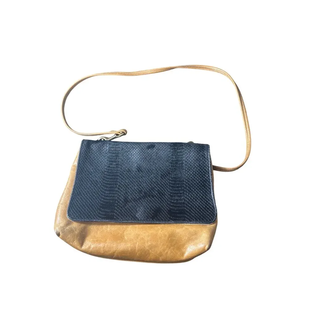 Ceri Hoover Black Tan Mixed Media Leather Crossbody Bag